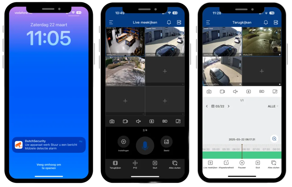 De smartphone-app met een bewegingsmelding, live camerabeelden en het terugkijken van opnames