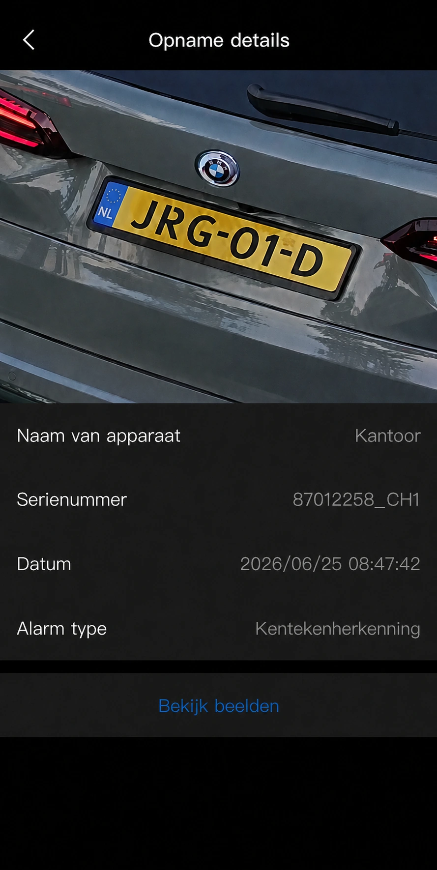 Appvoorbeeld met een geregistreerd kenteken en de bijbehorende opnamegegevens