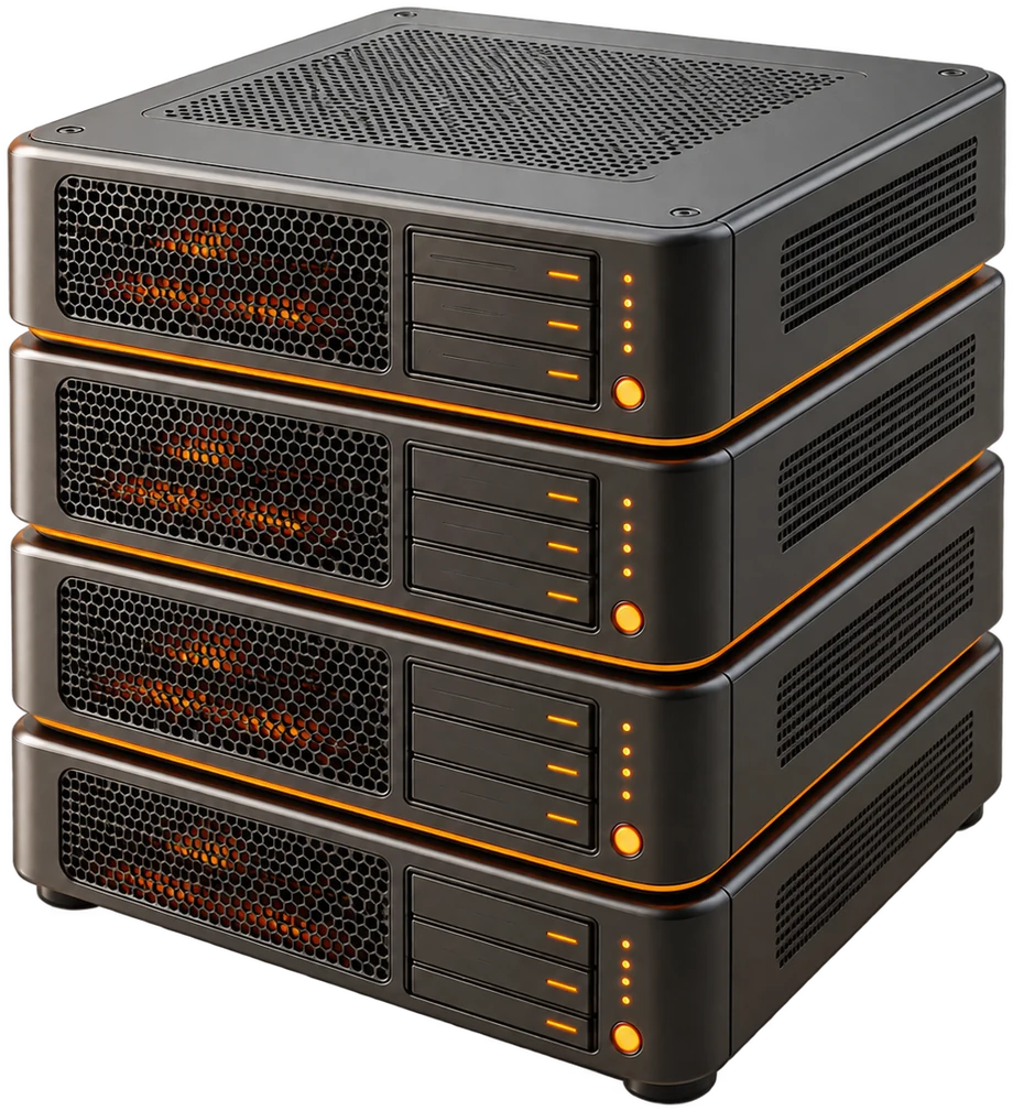 Een stapel van vier servers met oranje verlichting